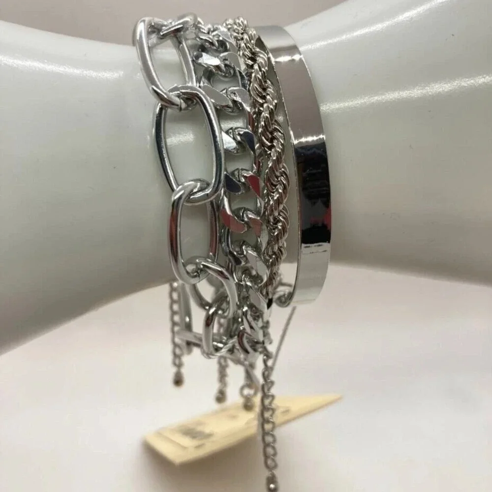 Xmimior Silver Tone Multi-Layer Bracelet Set Fashion Chain‎ & Bangle Cuff NEW